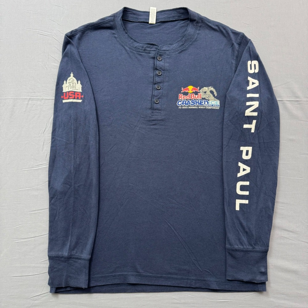 Red Bull Crashed Ice Saint Paul Henley Shirt Mens Medium Navy Long Sleeve Bella
